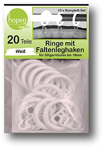 HOPEG Gardinenringe mit Faltenlegehaken | 10x Komplett-Set weiß | für Stilgarnituren bis 16mm