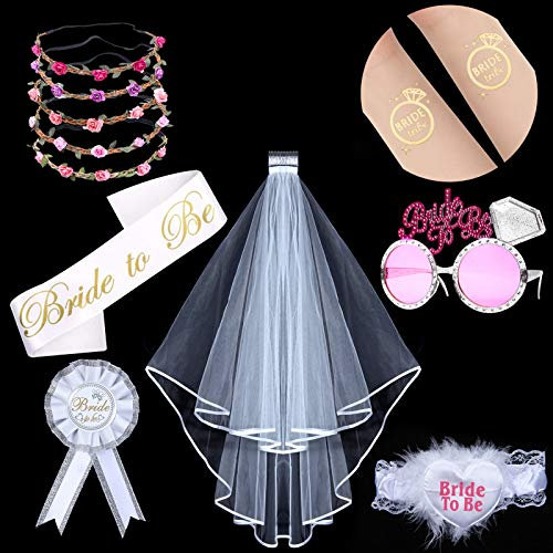 htbakoi Junggesellenabschied Frauen JGA Accessoires Braut Bride to Be +5 Blumenkranz+5 Tattoos Junggesellinnenabschied Frau Enthält Schleier Schärpe Krone Brille für Brautparty Krawatten
