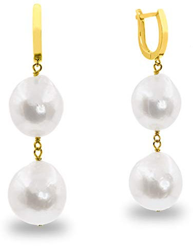 Damen Perlen Ohrringe Süßwasser zuchtperlen - Zwei große Barockperlen 12,00-13,00 mm von SECRET & YOU - Perlen Ohrhänger 925er Sterlingsilber 18 Karat vergoldetes