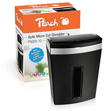 Peach Mikroschnitt Aktenvernichter P5-90 Blatt Schredder - 20 Liter/250 DIN A4-3 x 10 mm Partikelgröße (P-5) - Autofeed - Dauerbetrieb 10 min/über 400 Blatt - PS600-10A Aktenschredder