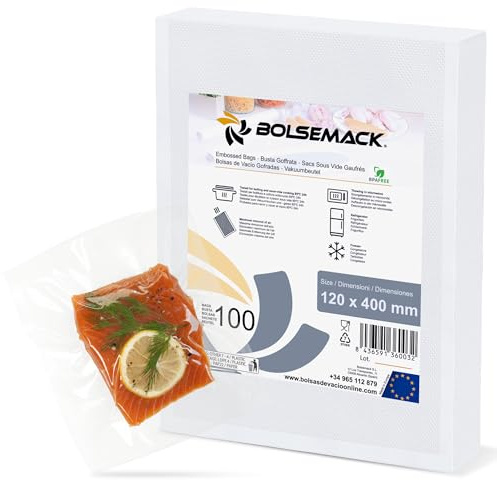 Bolsemack Vakuumbeutel, 90 Mikron, BPA-frei, geprägt, 12 x 40 cm, 100 Stück, PA/PE, geeignet für Tiefkühltruhe und Kochen, kompatibel mit allen Verpackungsmaschinen