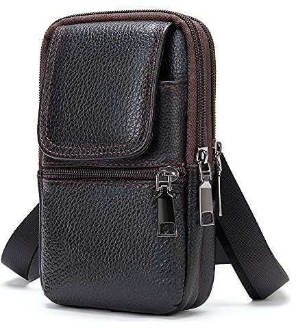 Herren Leder Handy Gürteltasche mit Gütelclip, Handy Schultertasche Leder Schwarz, Vertikale PU Leder Handy Umhängetaschen Bauchtasche Hüftentasche mit Karabiner Gürtelschlaufe für Outdoorsport Reise