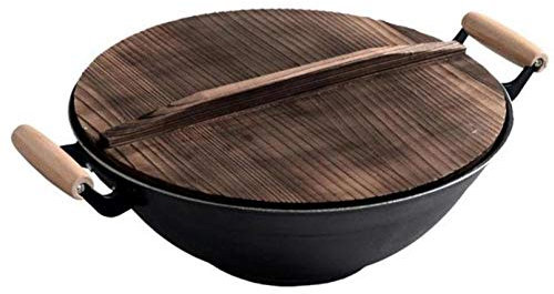 KDOQ Padella Wok in Ghisa Grande Wok Spessa Doppia Orecchio Ghisa Padella in Ferro Vecchio Stile Padella Antiaderente Piatta Non Rivestita con Manico Antiscottatura,40CM