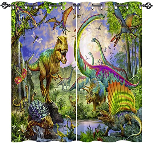 ANHOPE Dschungel Tier Dinosaurier Vorhänge mit Ösen Blickdichte Gardinen Thermo Vorhang Blackout Curtain Schlafzimmer Wohnzimmer Kinder Jungen Mädchen Verdunklungsvorhänge 2er Set H 138 x B 168 cm