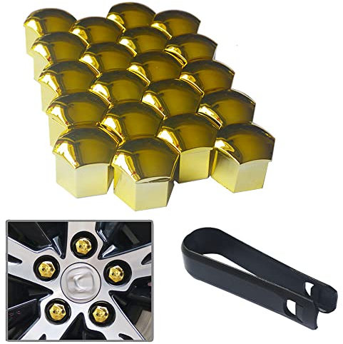 senvenelec 20 Pcs Wagen Universal 21- mm Kunststoff Nut Abdeckkappe Schraube Auto Mutter Covers Bolt Radkappen, Radschrauben 21- mm Radmuttern Kappen.mit 1 stück Abziehhaken - (Gold).
