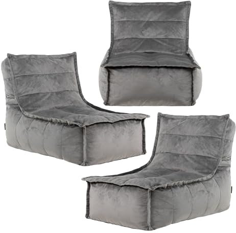 icon Dolce Velvet Lounge Bean Bag Chair, Charcoal Grey, Set of 3, Large Adult Bean Bag with Filling Included, Accent Chair, Living Room, Living Room Furniture, Bedroom Furniture