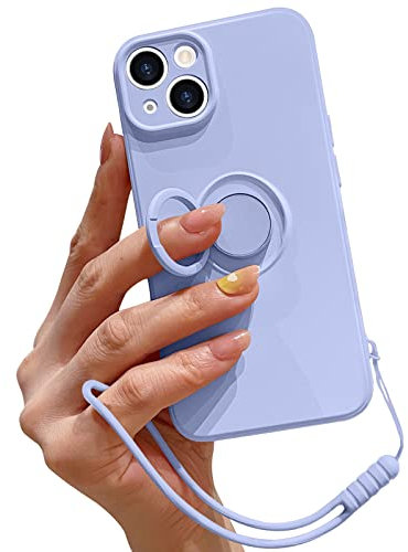 Pepmune Compatible with iPhone 14 Case Liquid Silicone with Ring Holder Kickstand Magnetic Car Mount Detachable Wrist Strap Shockproof Soft Protective Cover-Purple