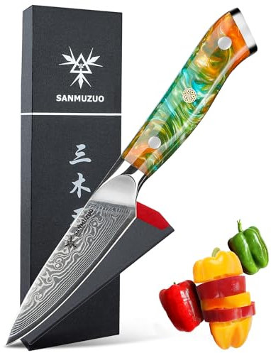 SANMUZUO Schälmesser Damastmesser 9 cm Klinge - Japanisches Obst und Gemüsemesser Officemesser - VG 10 Damaskus Stahl Küchenmesser mit Harzgriff - Xuan Serie(Dream Orange)