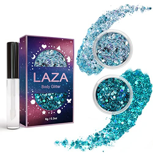 Laza Body Glitter, 2 Jars Holographic Chunky Sequins with Glitter Glue | Perfect for Women Eyeshadow Makeup Face Paint Festival Rave Outfits Hair Accessories Carnival Party Costumes - Blue Ocean