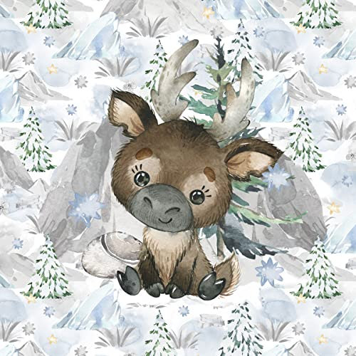 Stoffe zum Nähen, für Kinder, 95% Baumwolle, keine Meterware, 40x50cm: 1 French Terry Sweat Stoff Panel mit Elch im Schnee - Sommersweat Kinderstoff mit Tiere im Winter - Eisliebe Urtiere