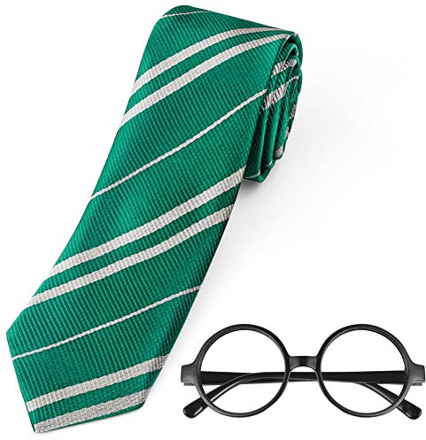 Aomig Corbata de Hombre y Mujer, 2pcs Set de Corbata a Rayas Unisex, Corbata Verde Niño de Mago, Accesorio Corbata Disfraz de Adultos y Niños para Mago College Cosplay (Verde)