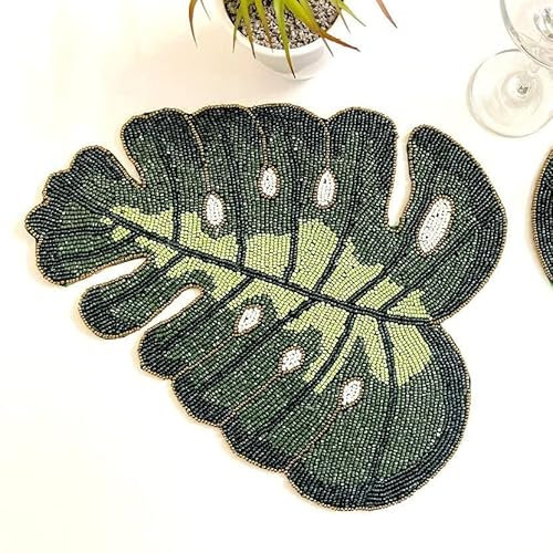 Decorable Set di 2 Tovagliette con Perline, Green Palm Leaves Beaded Placemats, Elegant Beaded Placemats, Table Decor Placemats for Easter, Christmas, Wedding, New Year, for her