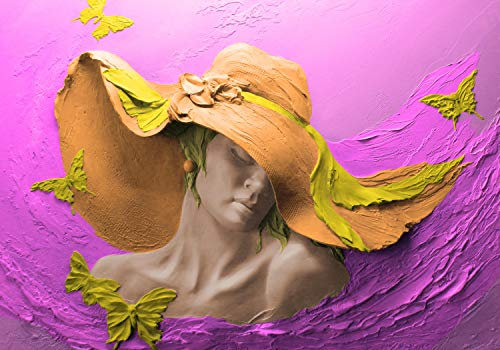 wandmotiv24 Fototapete Statue Frau Hut gelb Schmetterlinge, 200 x 140cm - selbstklebende Strukturtapete, Wanddeko, Wandbild, Wandtapete, rosa Wand Gips Hut Blume M5274