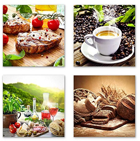 4 moderne kleine Küchen Leinwand-Bilder zur Dekoration - jedes Bild ist 30x30cm - ideale Wanddekoration auch für das Esszimmer, Restaurant - quadratische Wandilder von Kaffee, Brot, Steak, Wein, Set-B