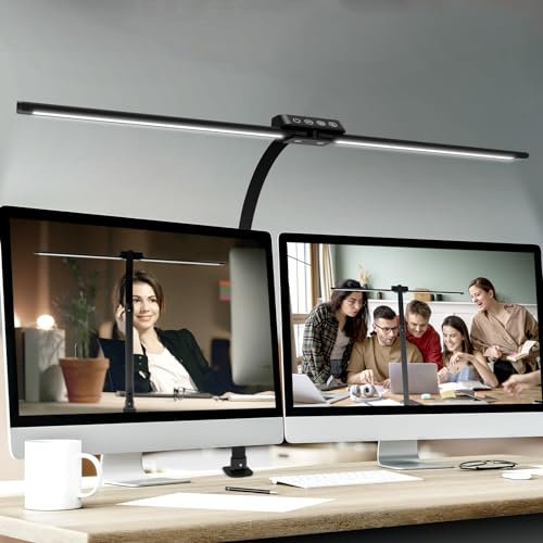 Ultrahelle Doppelkopf LED Schreibtischlampe Dimmbar, Mefine 22W Architektenlampe Klemmbar Schwarz, Augenschutz Schreibtischleuchte Tageslicht Schwanenhals Schreibtisch Lampe Büro mit 5 Farbtemperatur