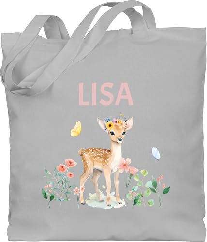 Baumwolltasche - Reh mit Name personalisiert I Rehkitz I Rehe - Unisize - Hellgrau - stoffbeutel personalisierter beutel tier blumen tasche personalisierte geschenke tiere tieren jutesäckchen
