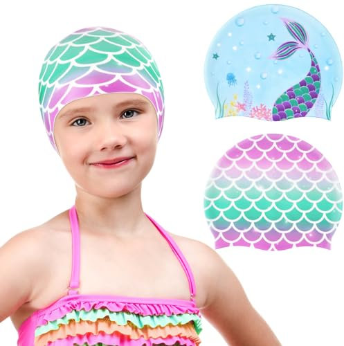2 Paquetes de Gorros de Natación para Niños Sirena Gorros de Natación de Silicona para Niñas Gorros de Baño Impermeables para Pelo Largo y Pelo Corto
