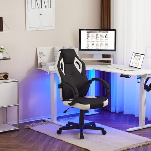 WOLTU Sedia Gaming, Sedia per PC, Ergonomica con Tessuto Traspirante, Altezza Regolabile, Ruote, Schienale, Braccioli e Funzione Basculante, Nero+Bianco