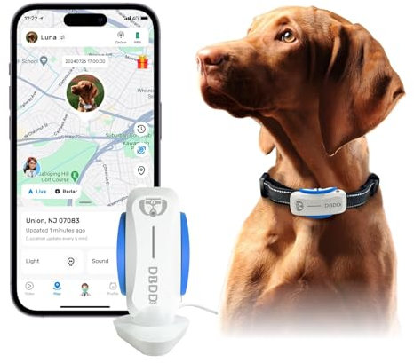 DBDD Dog GPS Tracker, Smart Waterproof Tracker with Real-Time Location, Escape Alerts, Activity Monitor, iOS & Android Compatible, for Dogs 40 lbs+ (White)