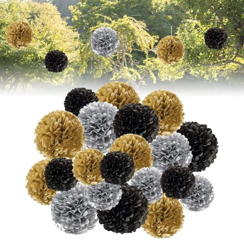 Forhandy 30 Stück Party Deko Schwarz Gold Seidenpapier Pompons Deko, Papier Pompons Deko für Hochzeit Geburtstag Gartenparty Deko