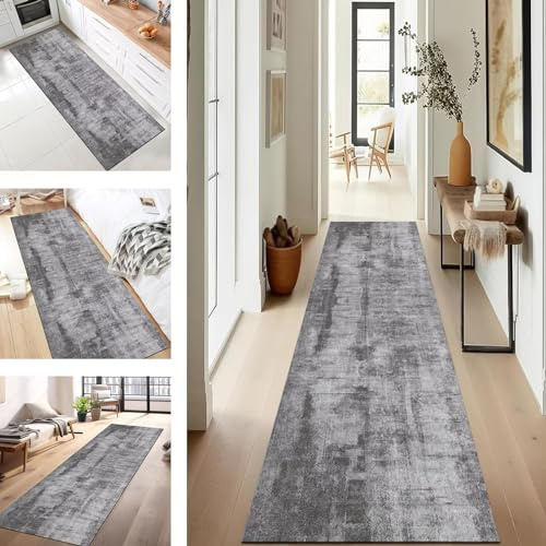 SUCERU Teppich Läufer Lang Flur Küche rutschfest Waschbar Küchenläufer 80X300CM Grau Modern Teppichmatten Polyester Korridor Teppichläufer Flur Wohnzimmer Schlafzimmer Schmutzfangmatte Küchenteppich