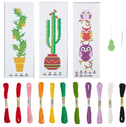 nbeads 3 Ensembles 3 Styles Kits de Marque-Pages au Point de Croix,Kits de Point de Croix Ovale et Cactus Marque-Pages de Broderie Estampés à Faire avec Fil et Aiguille pour les Amateurs de Livres