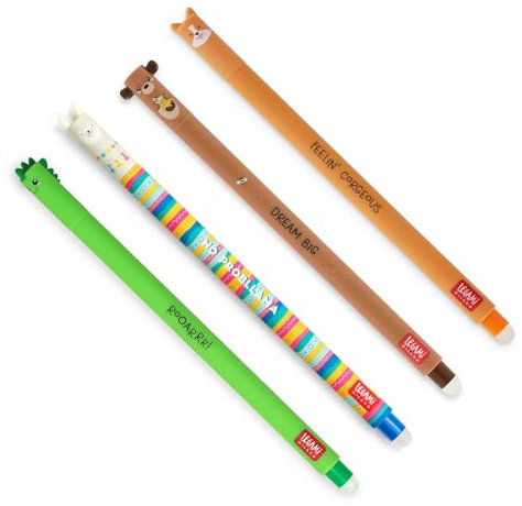 Legami - Set mit 4 Gel-Radierstiften, Motive Dino, Teddybär, Corgi, Lama, Kugel am Ende zum Entfernen der Tinte, Schwarz, Blau, Grün, Rot, Temperaturempfindlich, Spitzendurchmesser 0,7 mm