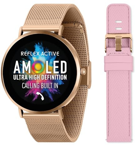 Reflex Active Amoled Montre connectée ultra fine pour femme avec GPS, fréquence cardiaque, moniteur de sommeil, podomètre, maille or rose et bracelet en silicone rose pour Android iOS série 42
