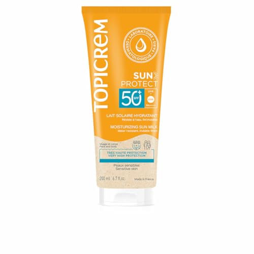 Topicrem - Sun Protect, Lait Solaire Hydratant Visage et Corps SPF50+ - Crème Solaire Très Haute Protection, Hydrate 24h - Soin Peaux Sensibles, Dès 3 Ans - Parfum Ensoleillé - 200 ml