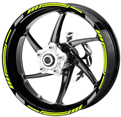 Pimastickerslab Set Completo Adesivi Strisce Cerchi Ruote Moto 17 Pollici Bandiera Scacchi Scacchiera Filetto Cerchioni Gomme Sport Stickers Strips Universale RT0025 (029 Giallo Fluo)
