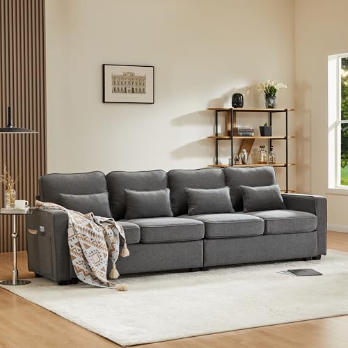 MSMOK Viersitzer-Sofa mit Armlehnentaschen und 4 Kissen,Modernes 4-Sitzer-Sofa aus Leinenstoff, Sofa im einfachen Stil, geeignet für Wohnzimmer, Büro, Wohnung,3 Farboptionen für Sofas