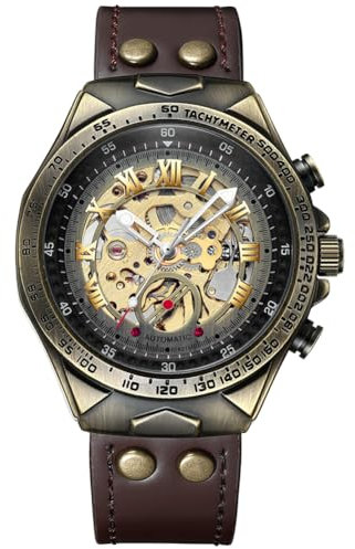 ZCBYBT Montres Squelette Creux Hommes Vintage Automatique Mécanique Homme Montre-Bracelet,Marron