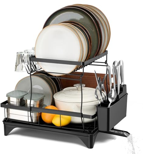 Homikit Dish Drainer Rack, 2-Tier Dish Drying Rack, Black | with Drip Tray & Cup Utensil Holder, Space Saving Plate Bowl Organizers for Kitchen Counter, Large Capacity & Detachable