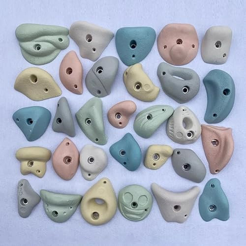 35 Pcs Resin Rock Climbing Holds White Green Pink, Plank/Rock Wall Climbing Grips with Screws, Adult Kids Climbing Hand Holds for Indoor Outdoor Playground(Large,Wall installation)