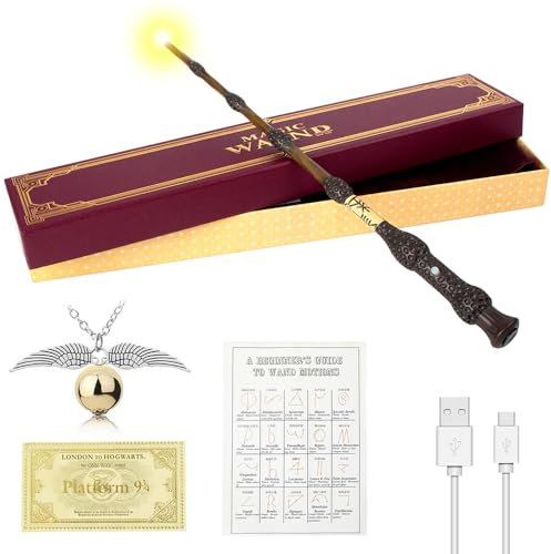 FGJCJ Elderstab Harry P-Otter, 37CM Dumbledore Zauberstab mit Licht, USB Aufladung Glühen Elderstab Harry, Zauberstab Dumbledore in Geschenkbox mit Zauberspruch-Karte, Stationsticket und Halskette