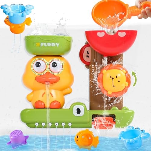 Badewannenspielzeug, Badespielzeug Baby ab 1 Jahr, Baby Spielzeug ab 1 Jahr, 1 Löffel & 3 Stapelbare Tier-Becher, Geschenk 1 2 3 Jahre Junge Mädchen, Wasserspielzeug Kinder ab 6-18 Monate