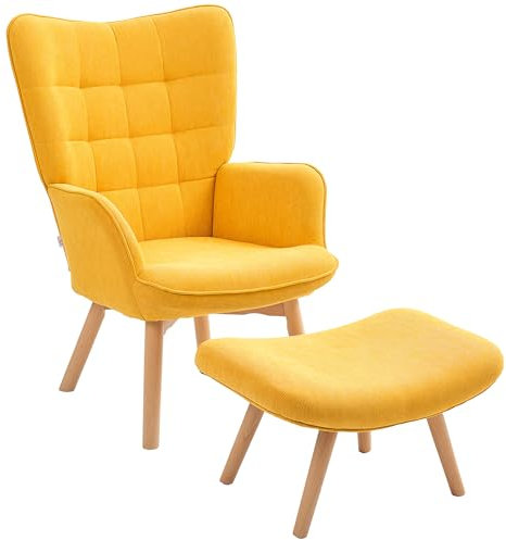HOMCOM Sessel mit Hocker, Ohrensessel mit Hoher Rückenlehne, Holzbeine, Loungesessel mit getuftetem Design, Cord-Optik, für Wohnzimmer, Gelb