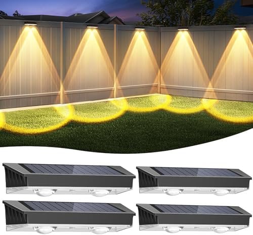 CLAONER Solar Fence Lights Outdoor Garden, 3000/4500/6000K IP65 Waterproof Solar Lights Outdoor, Dusk to Dawn Decking Lighting for Outside Backyard Deck Stair Patio Yard Step Wall, 4 Pack