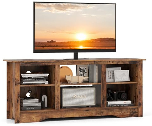 Rustikaler TV-Ständer aus braunem Holz mit verstellbaren Regalen, Kabelmanagement und Kaminkonsole, Tisch, Media-Entertainment-Center für Wohnzimmer, Schlafzimmer (65 Zoll TV-Ständer)