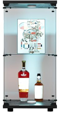 RWUDV Vitrine avec éclairage LED, vitrine moderne en verre avec 2 étagères, 1 porte, vitrine en verre, vitrine sur pied en verre trempé et bois pour salon