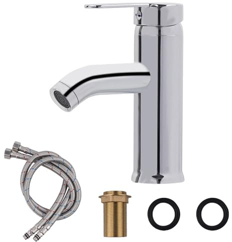 FALSKT Grifo Lavabo de Acero Inoxidable, Grifo Baño de Caño Curvado, Monomando Lavabo, Grifería Monomando con Mangos en Forma de Palo, para Baños, Cocinas, Aseos, Plata
