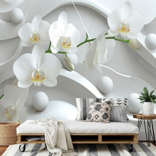DLERFLOVR Papier Peint Panoramique Orchidée Blanche - - Revêtement mural décoration salon - Conception 3D 3D Poster Geant pour Salon Chambre restaurant Décoration