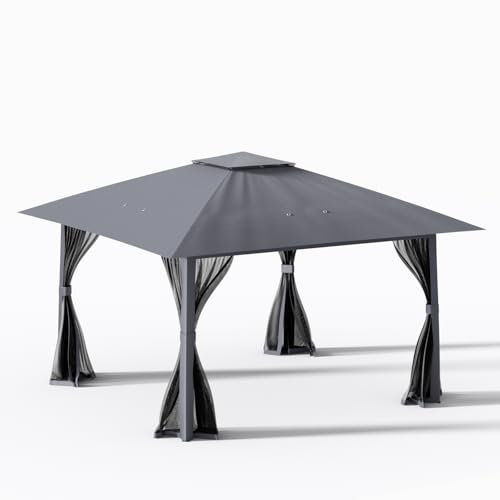 COSTWAY Pavillon 4x4 m, Pop Up Faltpavillon mit 4 Moskitonetz & Doppeldach & Metallrahmen, Wasserdicht & Stabil & Winterfest, Gartenpavillon inkl. Tragetasche, Partyzelt für Terrasse Garten, Grau