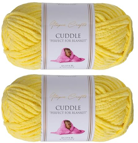 Utopia Crafts Cuddle Super Chunky Chenille Garn Zitronengelb, 100 g Knäuel, 60 m, Flauschiges, Dickes Strickgarn Häkelgarn, Maschinenwäsche, Stricken Häkeln für Anfänger, Wollalternative, 2er-Pack