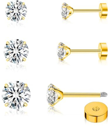 FACOKO Damen-Ohrringe 3 Paar Titan-Ohrringe mit klarem Zirkonia 3/4/5 mm hypoallergen flacher Verschluss auf der Rückseite Silber/Gold/Schwarz/Pink