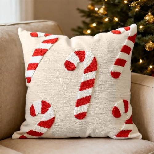 Kissenbezug Weihnachten 45x45 cm mit Zuckerstangen-Muster, Zierkissenbezüge Winter Weihnachtskissenhülle aus Polyester, für Sofa, Wohnzimmer, Garten, Schlafzimmer & Outdoor, Weihnachtsdekoration