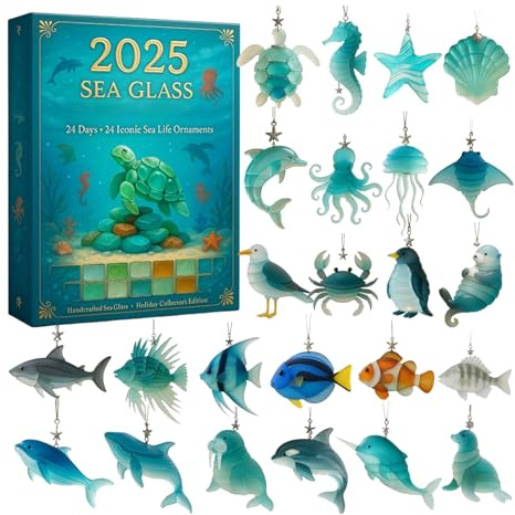 Seeglas-adventskalender 2025 Meeresschätze, 2D Acry Seeglas Anhänger, 24 Tage Meerestier Anhänger Weihnachtskalender 2025, Mit 24 Bezaubernden, Realistischen Meerestier-Dekorationen