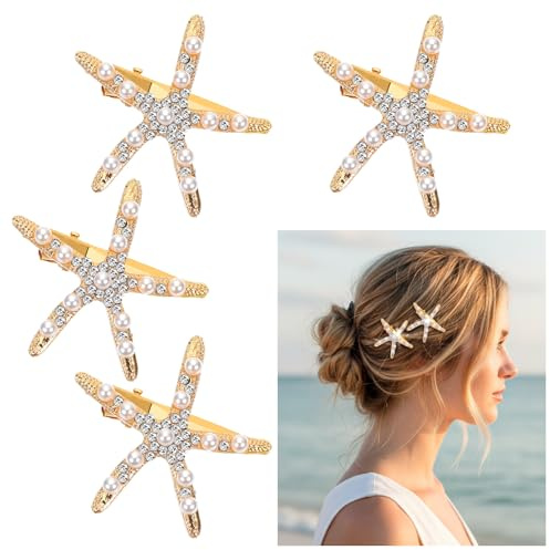 Lot de 4 pinces à cheveux en forme d'étoile de mer, sirène, strass, perles, coquillages, accessoires de sirène, barrettes, queue de cheval, coiffe de plage pour femmes et filles