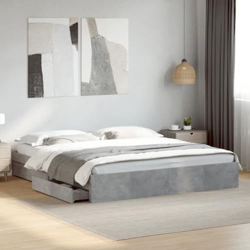 QJBSAVVA Bettgestell mit Schubladen 200x200 cm Betongrau Holzwerkstoff massiver Bettrahmen mit 4 Stauraum-Boxen Modernes Doppelbett ohne Matratze für Schlafzimmer Jugendzimmer