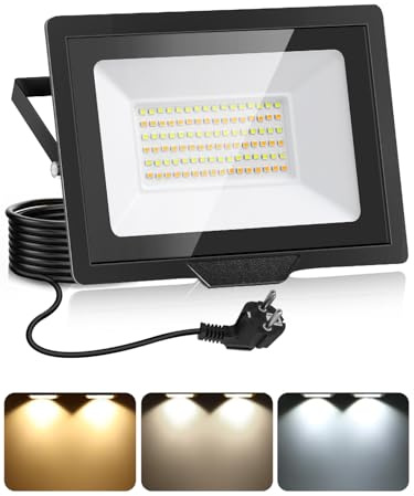 Focos LED Exterior 50W con Enchufe 1.5m, 3000K/4500K/6500K Proyector LED Exterior con Memoria,5000LM Superbrillante Foco Luz , IP66 Impermeable Proyector Para Patio Jardín Garaje Entrada Fábrica
